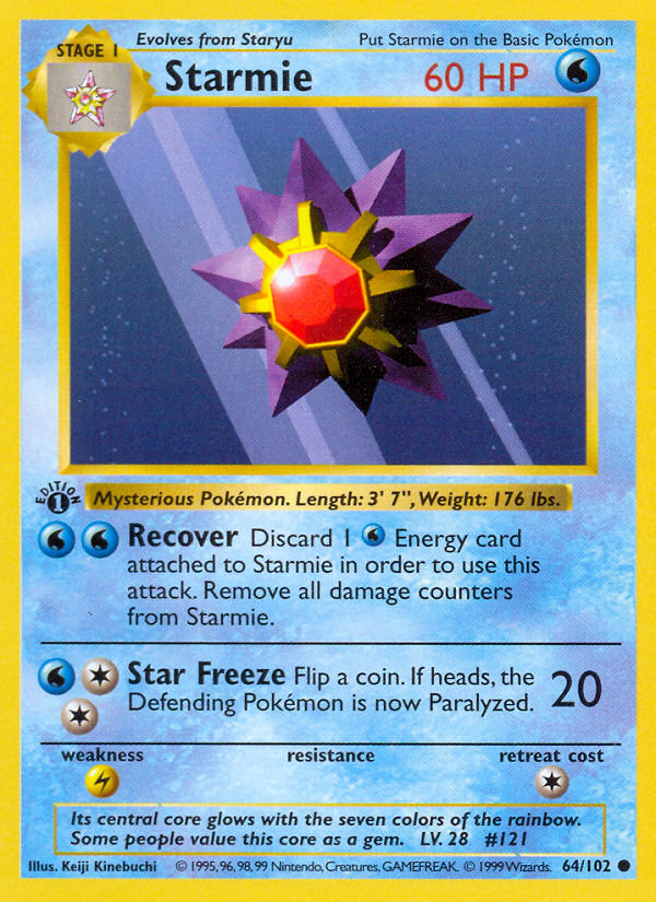 Starmie 64 Base Set 1st Edition Pokefol io Current Historical 